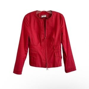 Akris Red Collarless Cropped Cotton Zip Jacket